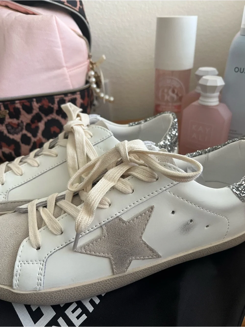 Golden Goose White Sneakers with Silver Glitter Heel and Gray Star